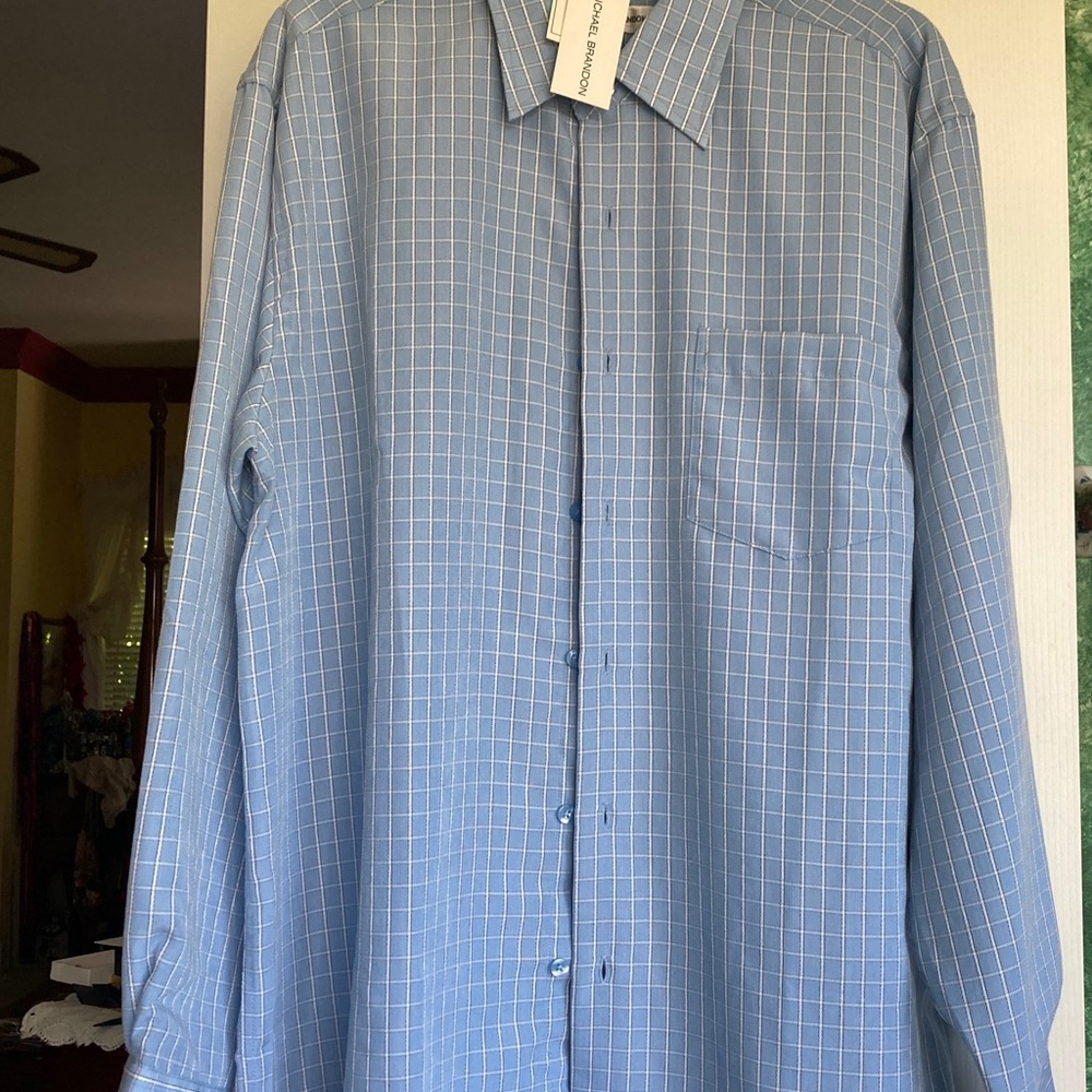 NWOT MICHAEL BRANDON Men’s sz. L lt. blue check shirt $19